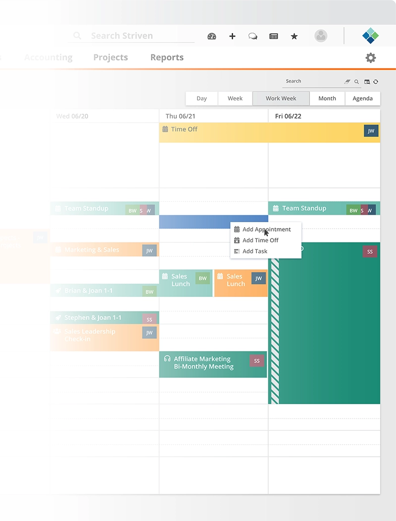 Striven calendar and scheduling with custom filters for multiple people