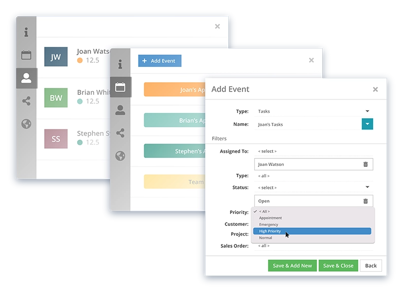 Hours by employee, Task Events by employee, and adding an Event through the Striven scheduling system