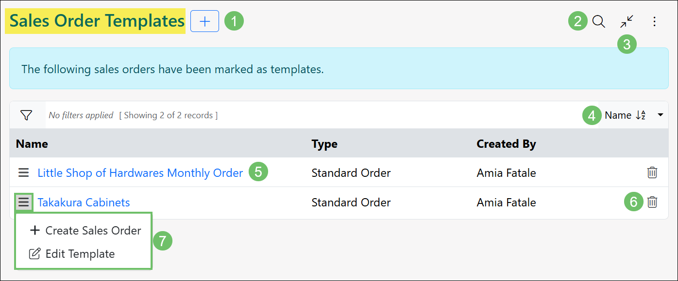 Options available on the Sales Order Templates page including the Add button, the search, hamburger menu, sort options, and the deactivate icon